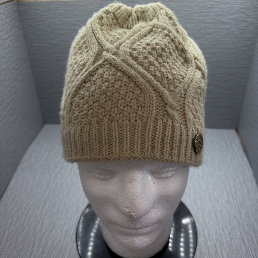 Irish Knitwear Women's Aran Cable Knit Beanie Sherpa Lined Beige Winter Hat